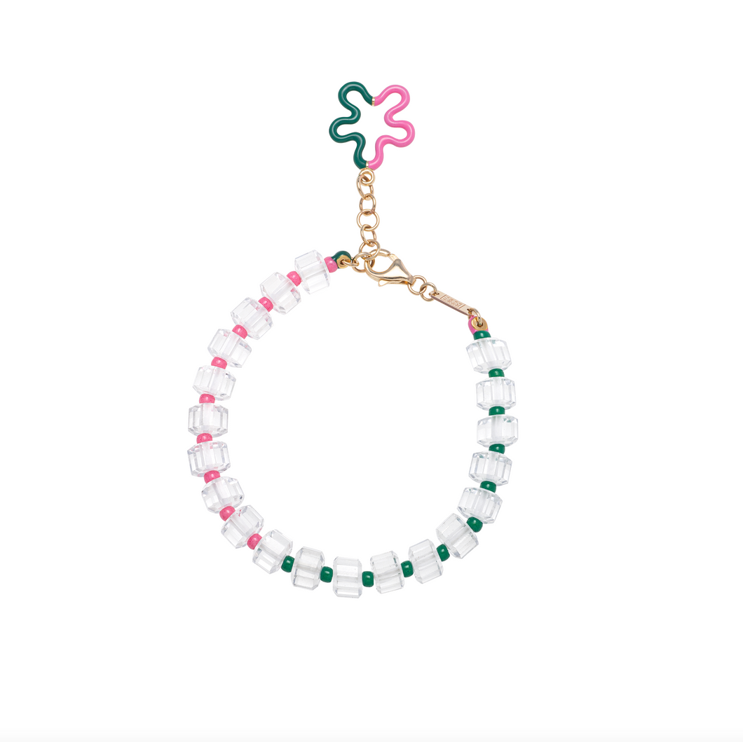 B BEADED BRACELET IN PINK AND GREEN